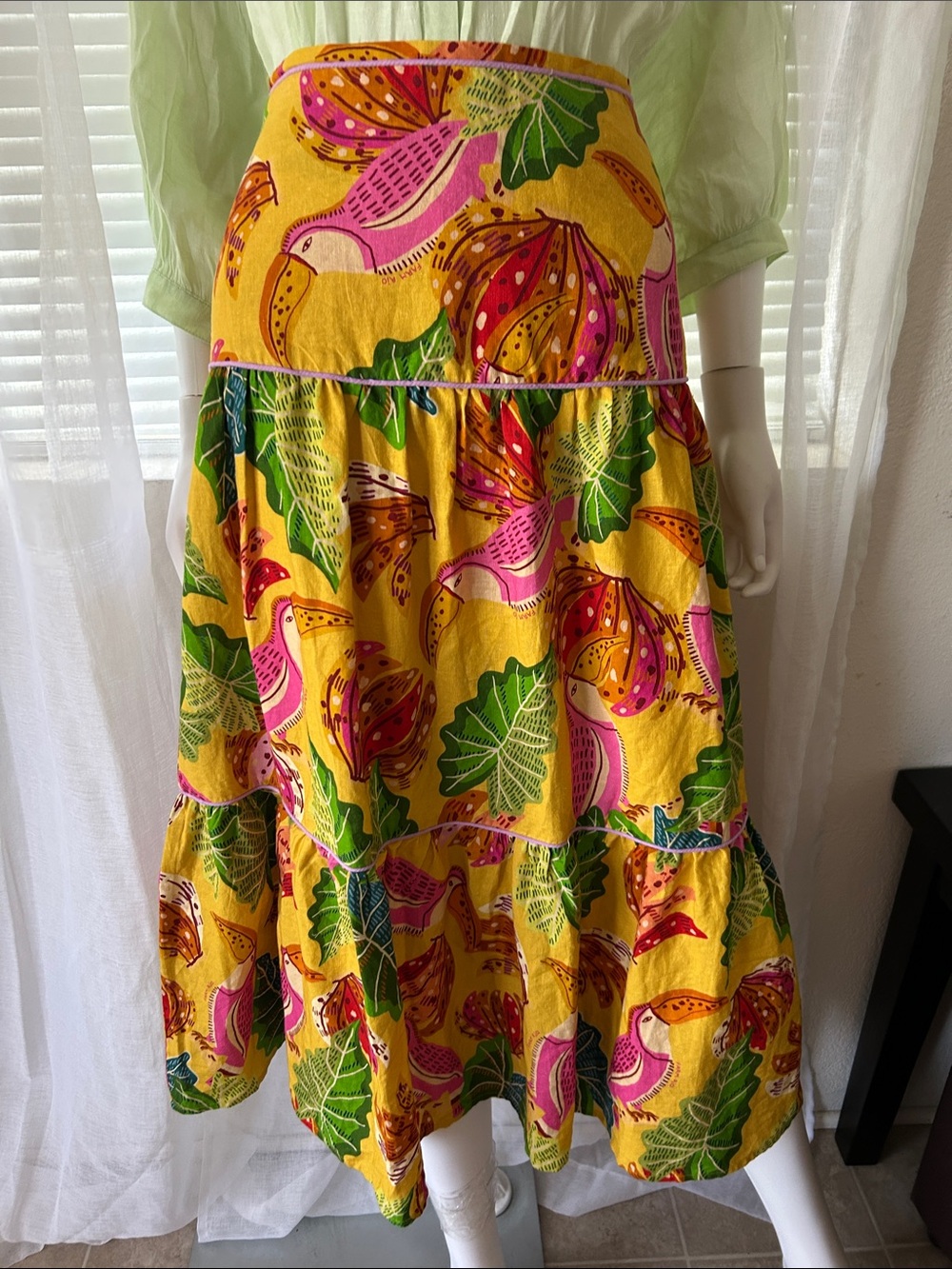 FARM Rio Yellow Midi Skirt with Pink Toucan & Green Leaf Print